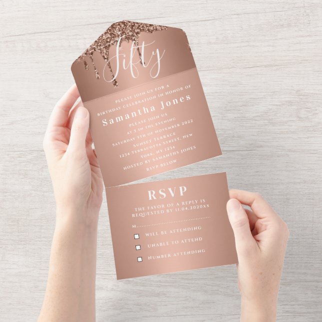 50th Birthday Party Rose Gold Bold Chic Modern All In One Invitation (Tearaway)