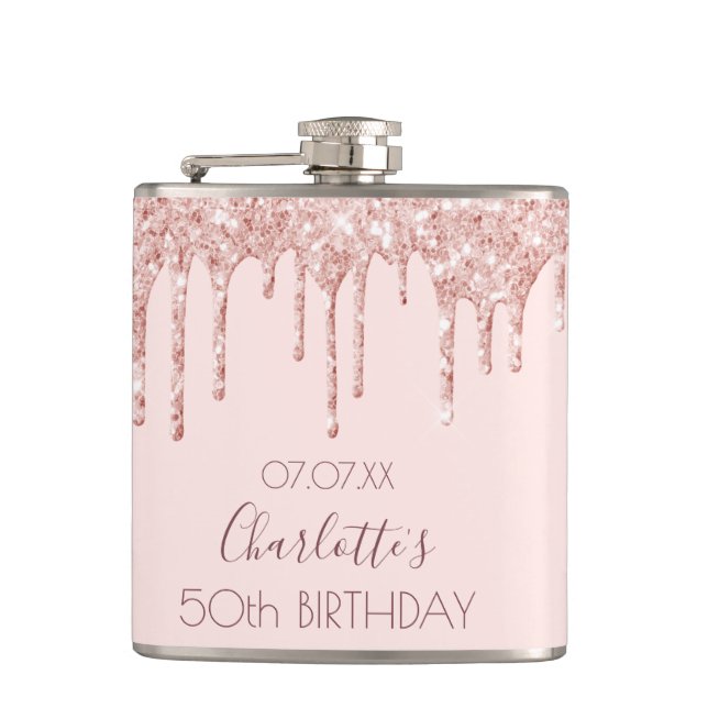 50th birthday party rose gold drips pink hip flask (Front)