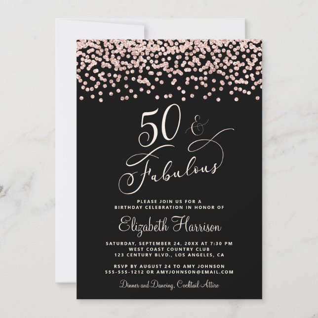 50th Birthday Party Rose Gold Glitter Black Invitation (Front)