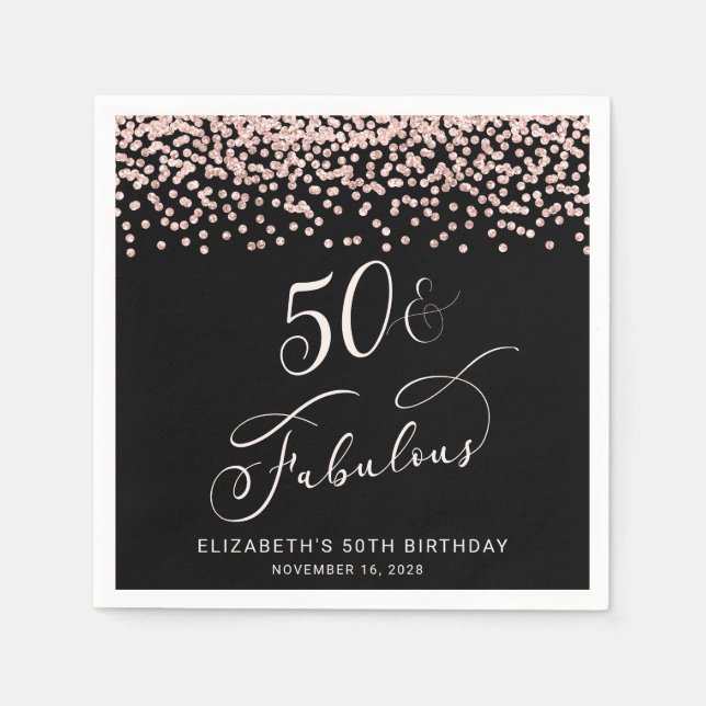 50th Birthday Party Rose Gold Glitter Black Napkin (Front)