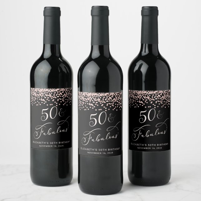 50th Birthday Party Rose Gold Glitter Black Wine Label (Bottles)