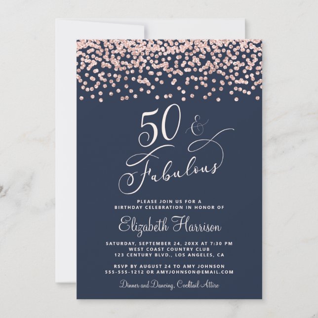 50th Birthday Party Rose Gold Glitter Blue Invitation (Front)