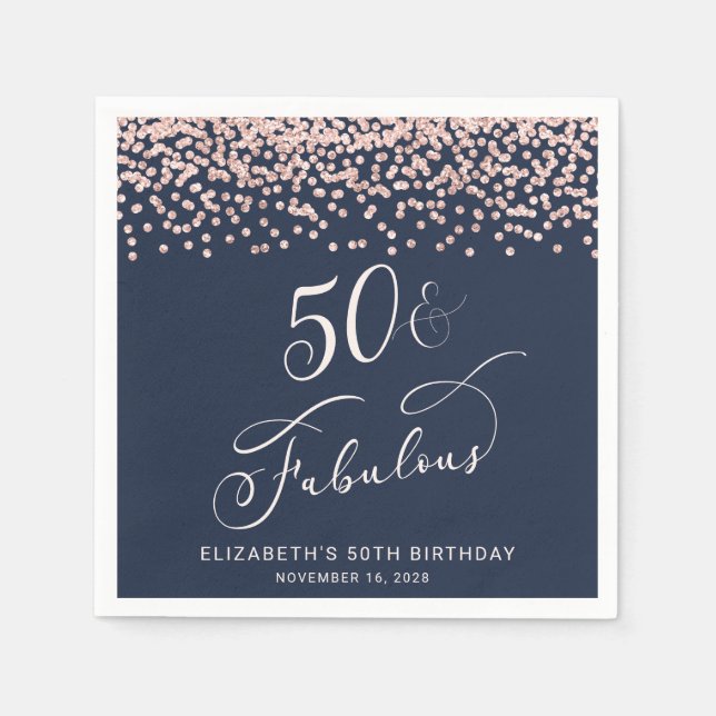 50th Birthday Party Rose Gold Glitter Blue Napkin (Front)