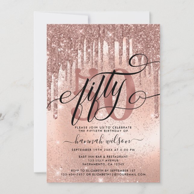 50th Birthday Party Rose Gold Glitter & Foil Invitation (Front)