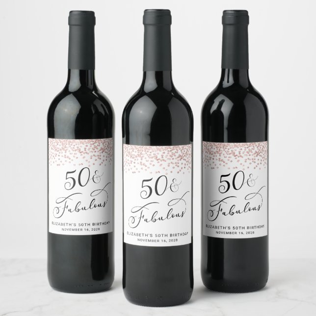 50th Birthday Party Rose Gold Glitter Wine Label (Bottles)