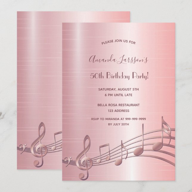 50th birthday party rose gold music notes invitation (Front/Back)