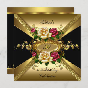 50th Birthday Party Roses Red Cream Gold Invitation