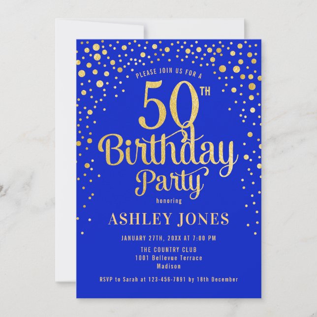 50th Birthday Party - Royal Blue & Gold Invitation (Front)