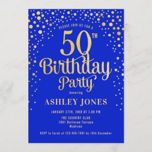 50th Birthday Party - Royal Blue & Gold Invitation