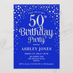50th Birthday Party - Royal Blue & Silver Invitation