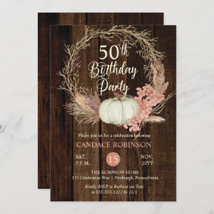50th Birthday Party - Rustic Pumpkin Pampas Wreath Invitation