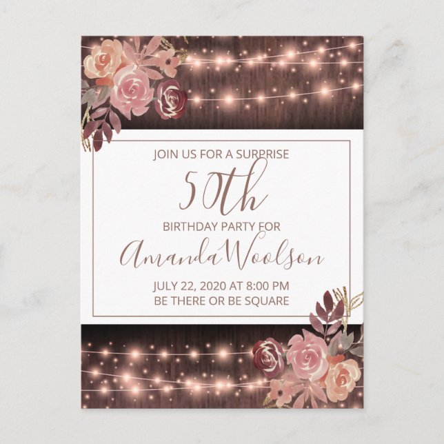 50th Birthday Party Rustic String Lights Florals Postcard (Front)