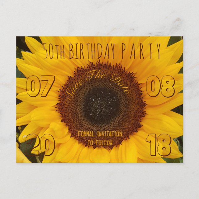 50th Birthday Party Save The Date Sunflower Announcement Postcard (Front)