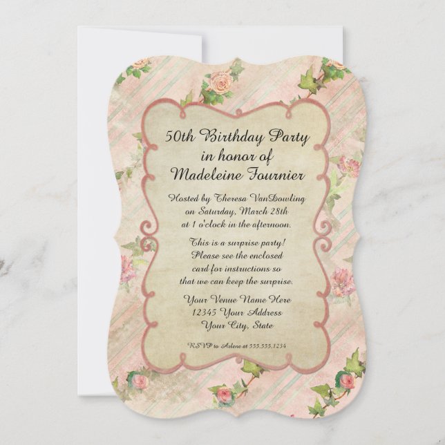 50th Birthday Party Scroll Frame w Vintage Roses Invitation (Front)