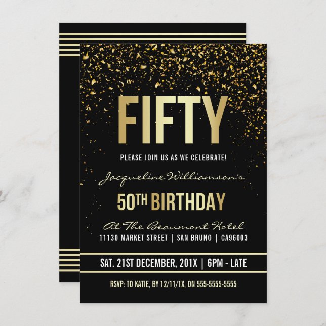 50th Birthday Party | Shimmering Gold Confetti Invitation (Front/Back)