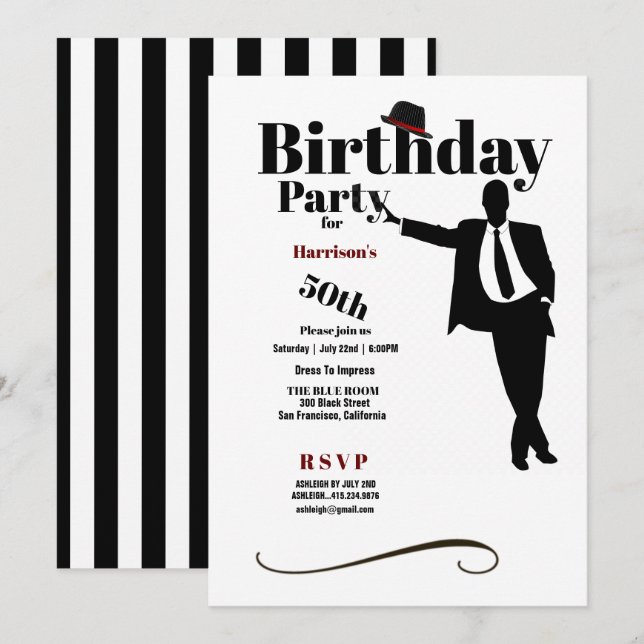 50th Birthday Party Silhouette Man Hat Invitation (Front/Back)