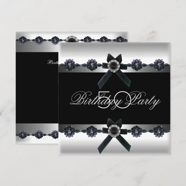 50th Birthday Party Silver Black White Diamond Invitation (Front/Back)