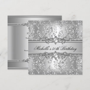 50th Birthday Party Silver Pearl Jewel Damask Invitation
