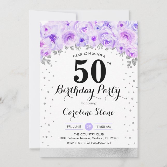 50th Birthday Party - Silver Purple Flowers Invitation (Front)