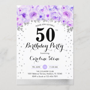 50th Birthday Party - Silver Purple Flowers Invitation