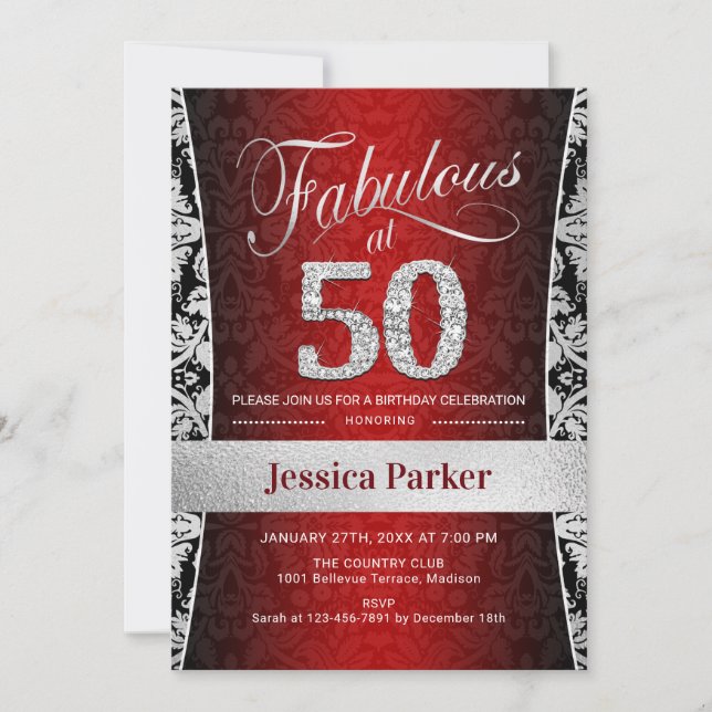 50th Birthday Party - Silver Red Black Invitation (Front)