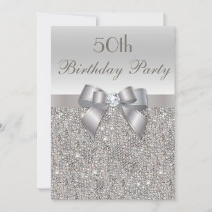 50th Birthday Party Silver Sequins, Bow & Diamond Invitation