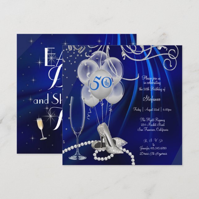 50th Birthday Party Silver Stiletto's Royal Blue  Invitation (Front/Back)