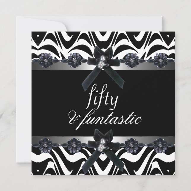 50th Birthday Party Silver Stripe Black White 3 Invitation (Front)