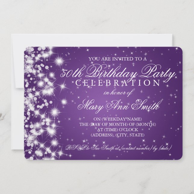 50th Birthday Party Sparkle 2 Purple Invitation (Front)