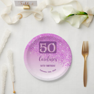 50th Birthday Party Sparkle Pink Glitter Paper Plate