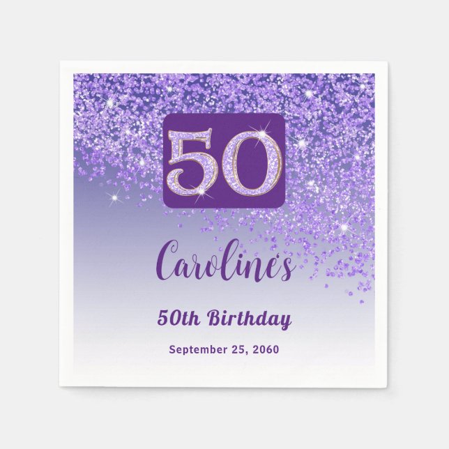 50th Birthday Party Sparkle Purple Glitter Napkin (Front)