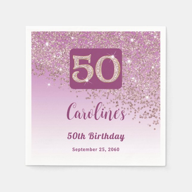 50th Birthday Party Sparkle Rose Gold Glitter Napkin (Front)