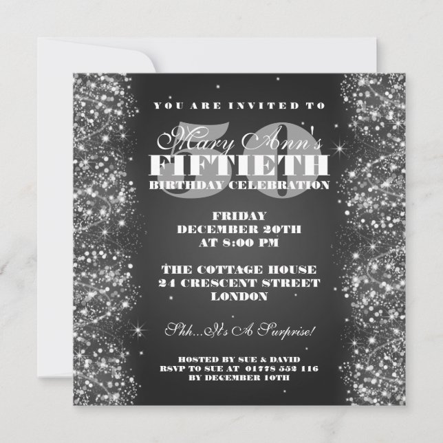50TH Birthday Party Sparkling Glitter Black Invitation (Front)