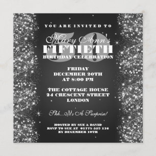 50TH Birthday Party Sparkling Glitter Black Invitation