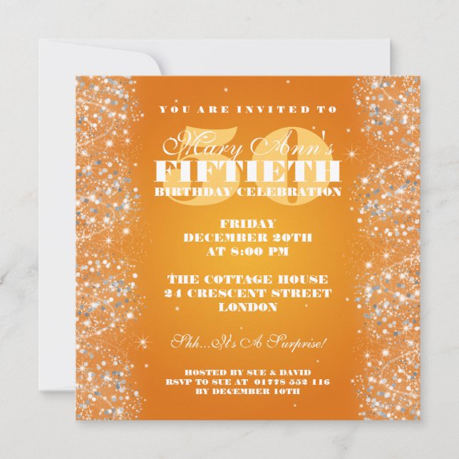 50TH Birthday Party Sparkling Glitter Orange Invitation (Front)