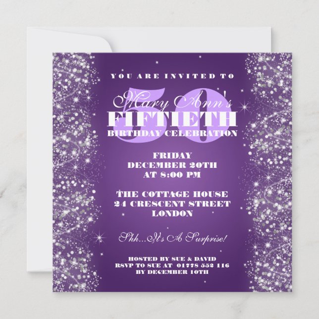 50TH Birthday Party Sparkling Glitter Purple Invitation (Front)