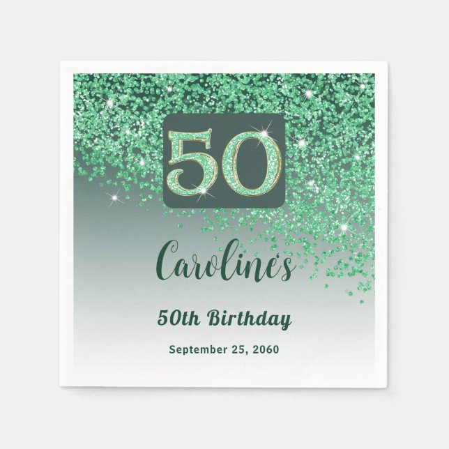50th Birthday Party Sparkling Green Glitter Napkin (Front)