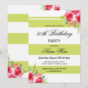 50th Birthday Party Stripe Lime Green Roses Invite