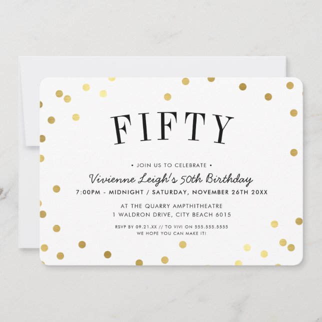 50TH BIRTHDAY PARTY stylish gold confetti spots Invitation (Front)