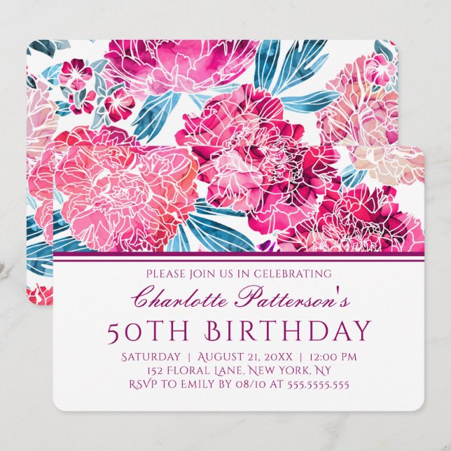 50th Birthday Party Stylish Pink Floral Pattern Invitation (Front/Back)