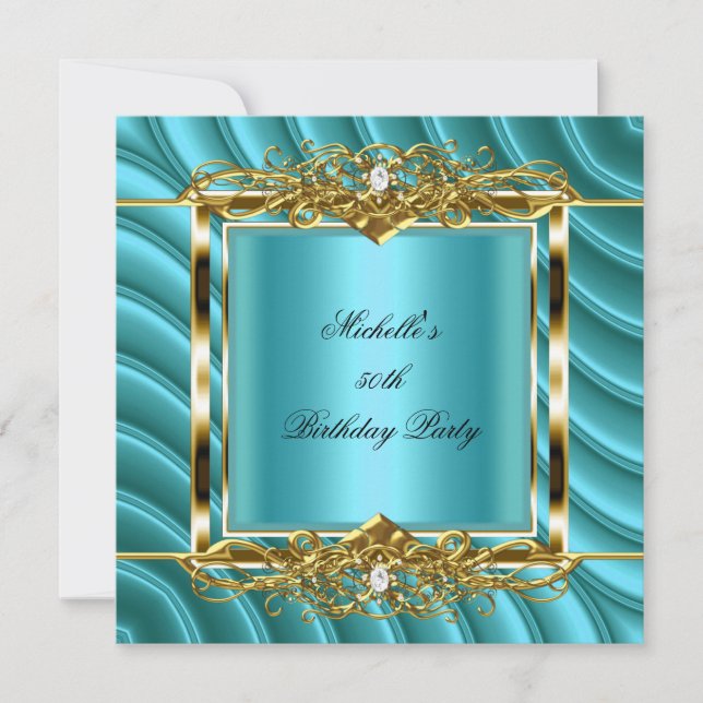 50th Birthday Party Teal Blue Gold Curve Diamond Invitation (Front)