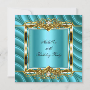 50th Birthday Party Teal Blue Gold Curve Diamond Invitation