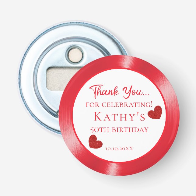 50th Birthday Party Thank You Red Hearts Bottle Opener (Front)