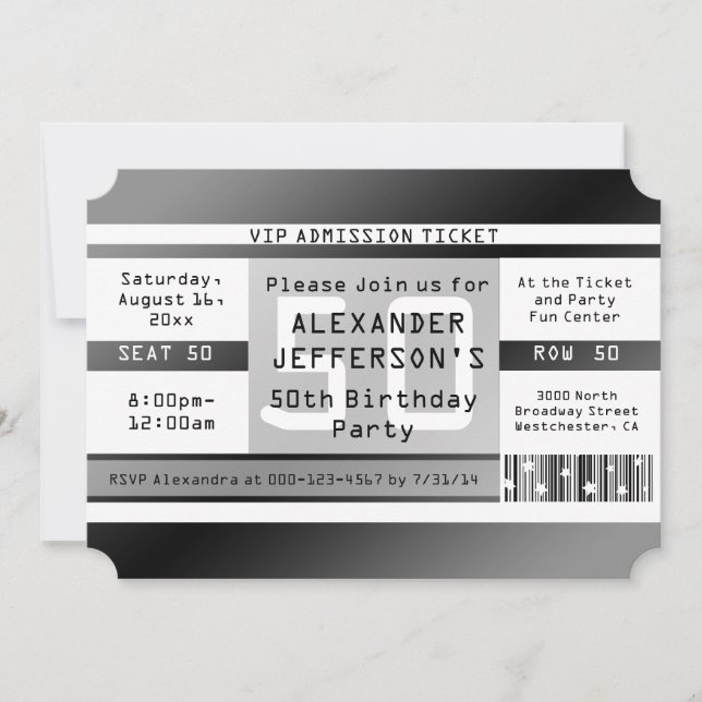 50th Birthday Party Ticket Shaped Invitation (Front)