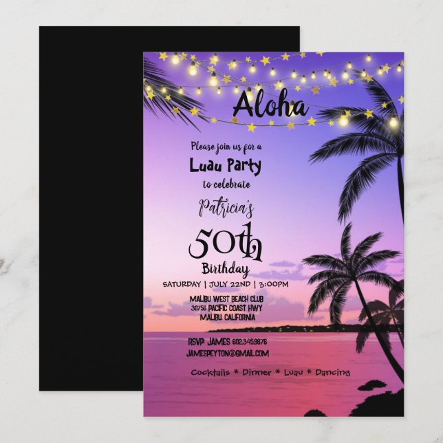 50th Birthday Party, Tropical Palms, Lavender Sky (Front/Back)