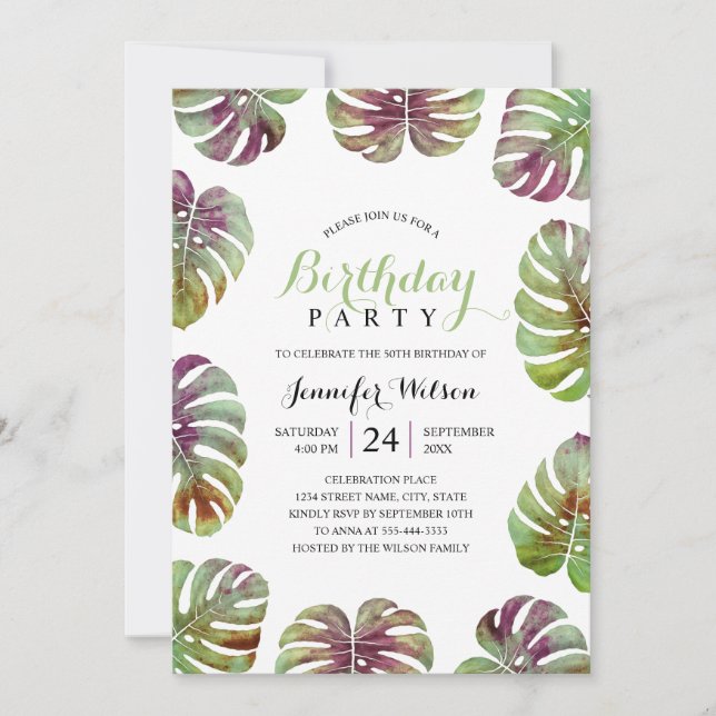 50th Birthday Party Tropical Watercolor Leaves Invitation (Front)
