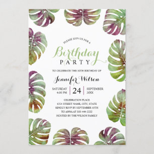 50th Birthday Party Tropical Watercolor Leaves Invitation