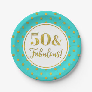 50th Birthday Party Turquoise White Gold Dots  Paper Plate