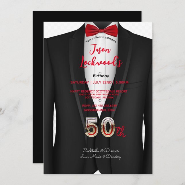 50th Birthday Party, Tuxedo Suit, Black & Red Tie Invitation (Front/Back)