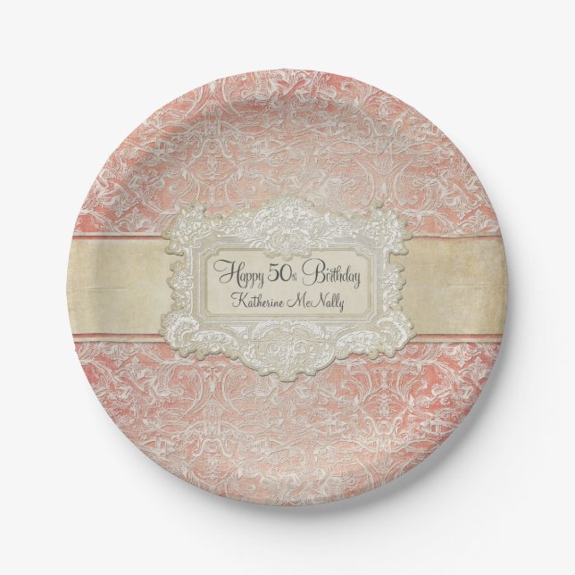 50th Birthday Party Vintage French Regency Lace Paper Plate (Front)